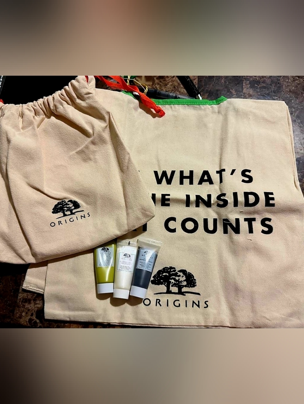 Origins Neutral Canvas Tote and Drawstring Pouch with Green Trim